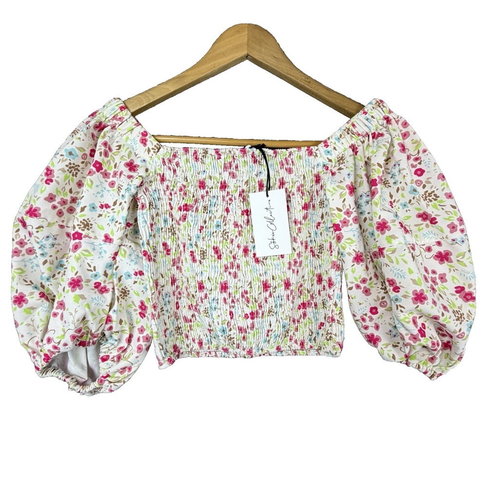 Sokie Collective Puff Sleeve Smocked Top Women Small Greenwich Floral Cottage